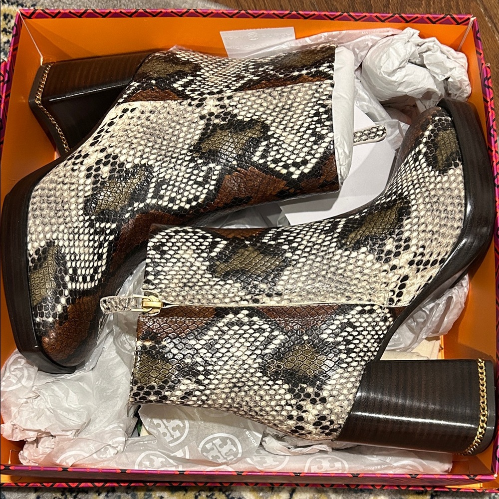 Tory Burch Snakeskin Ankle Boots with Block Heel